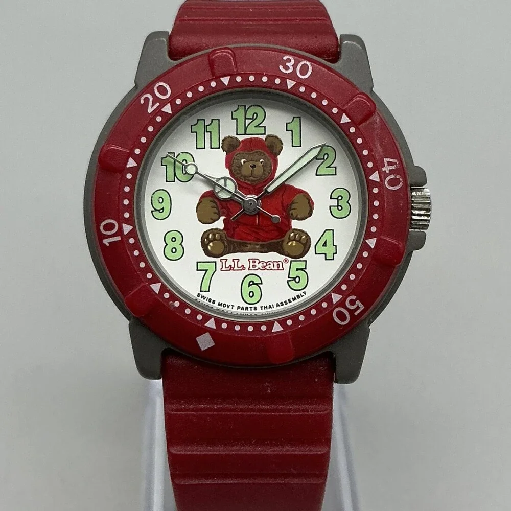 L.L. Bean Bear Women Watch 36mm White Dial Gray Red Rubber Band New Battery
